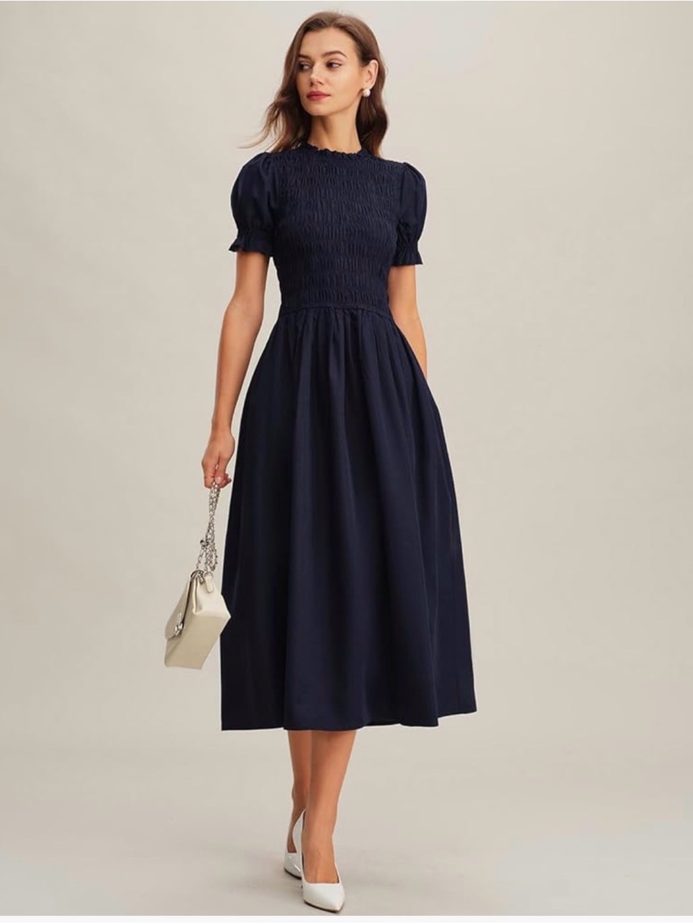 RIHOAS Navy Smocked Puff-Sleeve Midi Dress